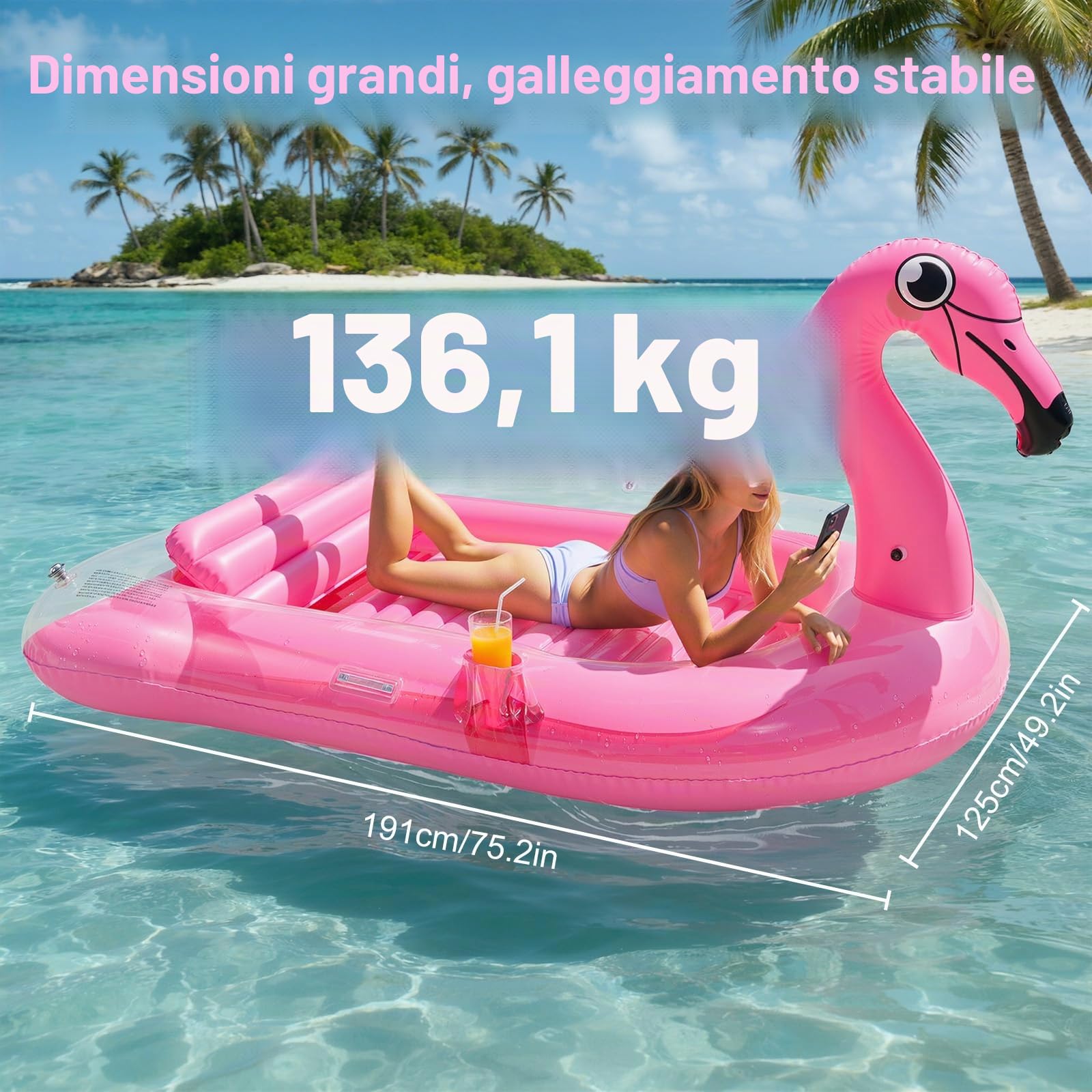 HeySplash Lettino Abbronzante Gonfiabile, Materassino Gonfiabile da Flamingo con Portabicchieri, Cuscino Rimovibile e 2 Maniglie, Galleggiante per Adulti da Piscina, Spiaggia e Giardino