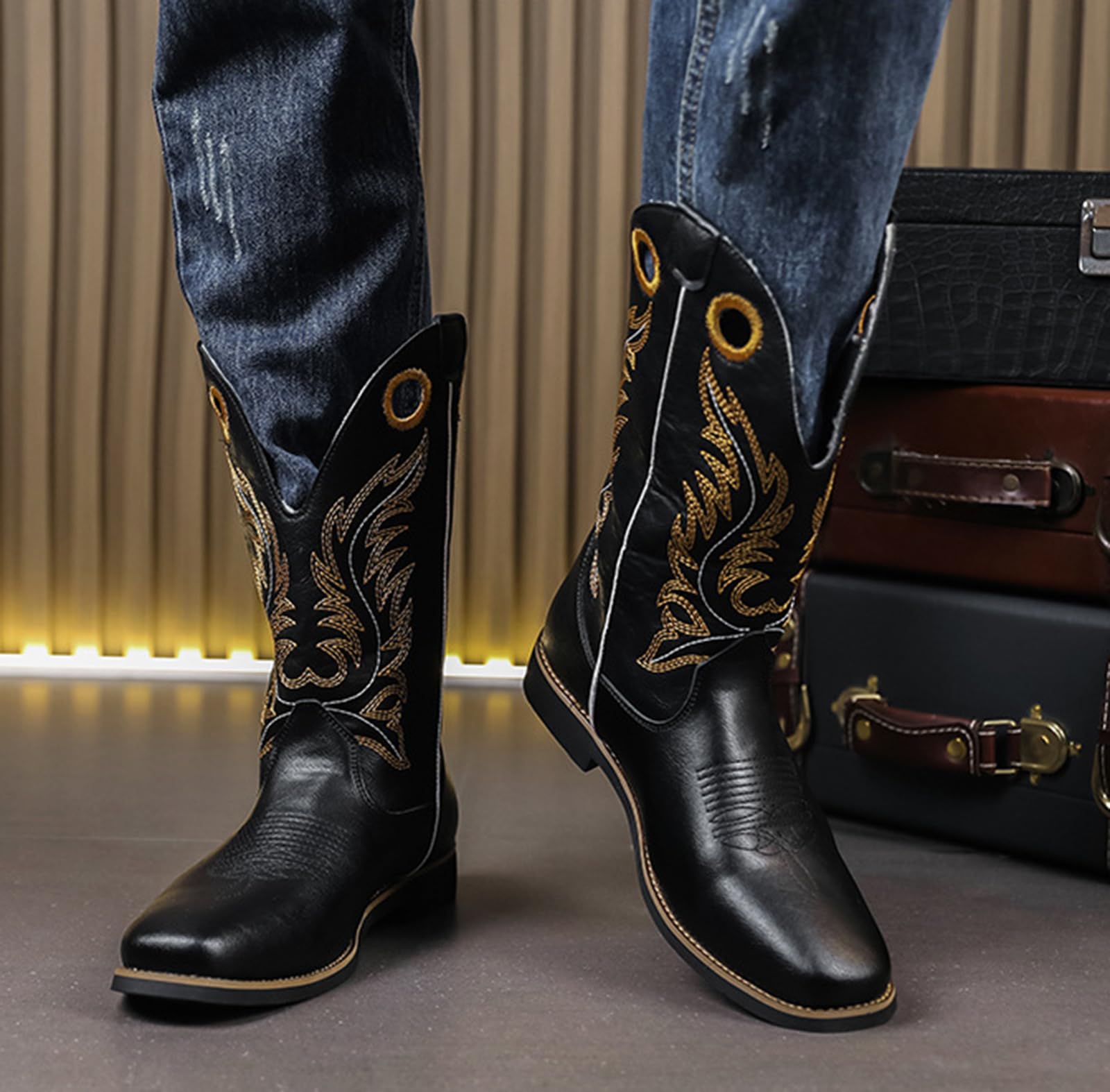 Stivali da Cowboy Uomo Stivali Western Ricamati Retro | Stivali da Equitazione Pelle Sintetica Punta Tonda Comodi Suola in Gomma Antiscivolo Stivali Country Casual Moda