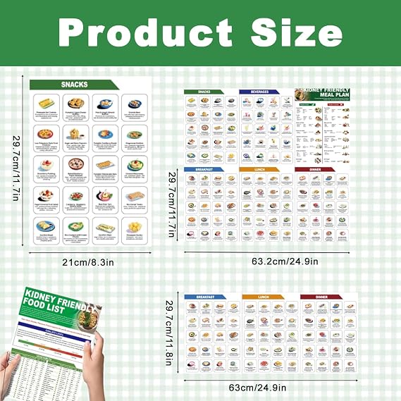 Set of 3 Kidney Friendly Food List Chart, Renal Diet Meal Plan & CKD Stage 3 Food Chart with Recipes, Potassium Rich Foods Chart, Kidney Safe Food Chart & Dialysis Accessories for Seniors