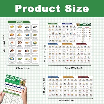 Set of 3 Kidney Friendly Food List Chart, Renal Diet Meal Plan & CKD Stage 3 Food Chart with Recipes, Potassium Rich Foods Chart, Kidney Safe Food Chart & Dialysis Accessories for Seniors