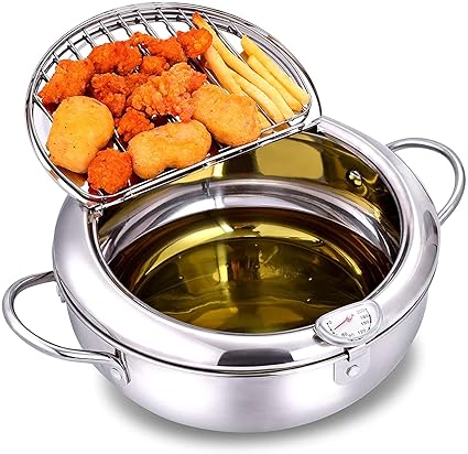 Hunk Shopper's Deep Fryer Pot, Stainless Steel with Temperature Control and Lid Japanese Style Tempura Fryer Pan Uncoated Fryer