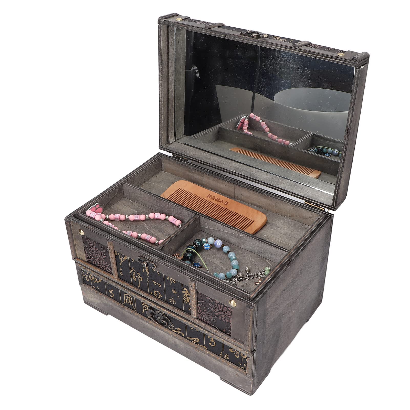 Retro drewniane pudełko na biżuterię kobiety opatrunek makijaż naszyjnik bransoletka przechowywanie etui organizer z lustrem