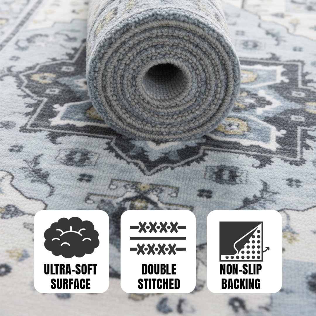 Muddy Mat® Azure 2ft x 7ft Washable Area Rugs for Living Room, Bedroom & Dining Room – Modern Soft Low Pile Non Slip Carpet – Pet Friendly Waterproof Foldable Rugs for Home