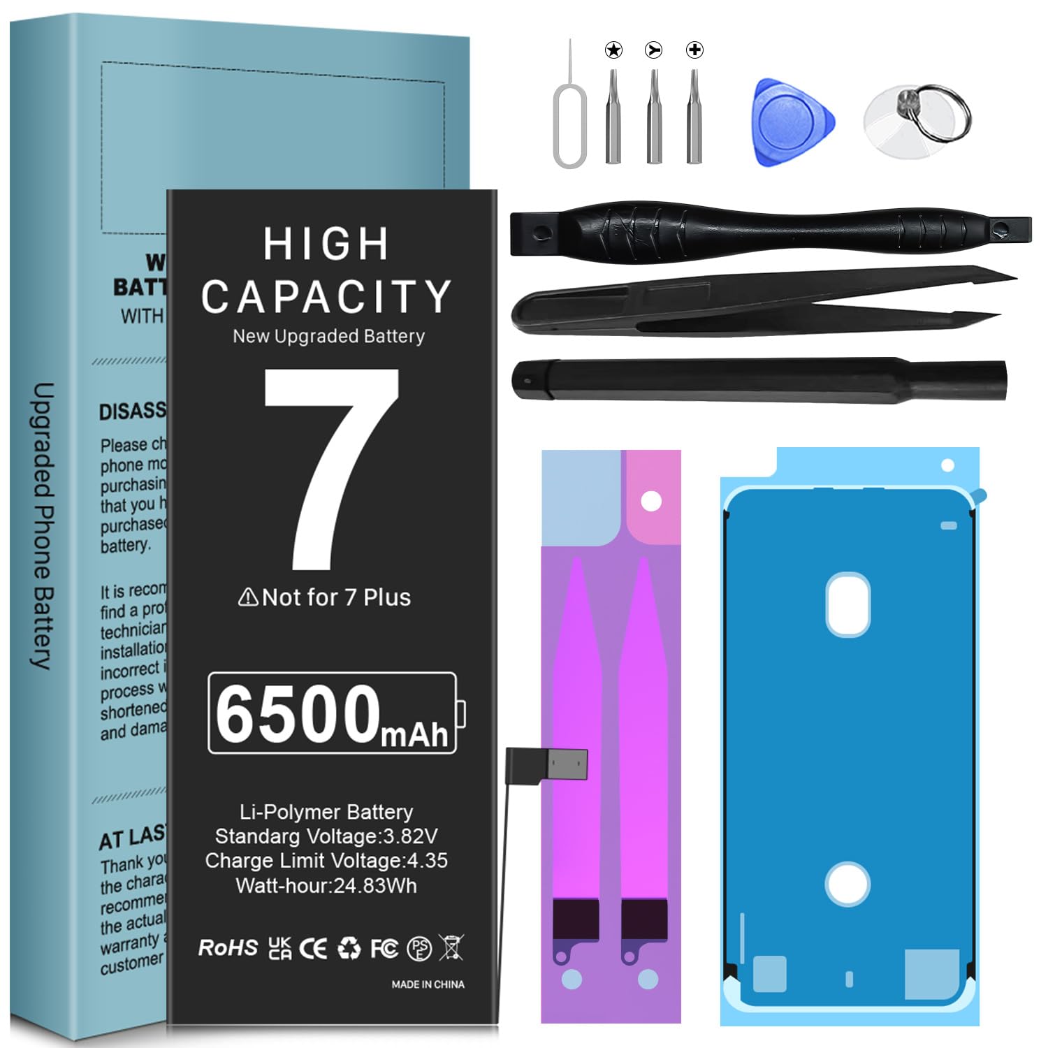 Upgraded Battery for iPhone 7, 6500mAh 2025 New Version Conqto Higher Capacity 0 Cycle Battery Replacement for iPhone 7 A1660, A1778, A1779 with Full Set Repair Tool Kits, Adhesive & Instructions