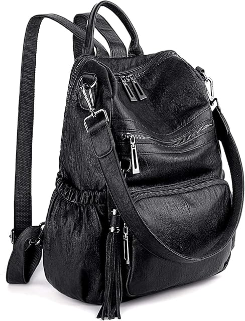 UTO Women Backpack Ladies 3 Ways Rucksack Multi Pockets Tassel Deco PU Leather Black