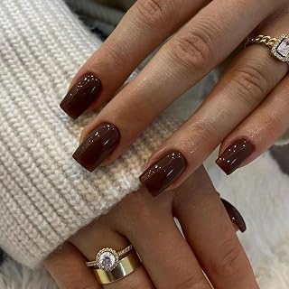 KQueenest 30 Pcs Brown Fall Press on Nails Short Medium Square, Salon Like Fake Nails Acrylic, Dark Soft Gel False Nails, Short Coffin False Nails Set, Varied Sizes for Women Daily Wear