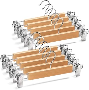 10 Pack Wooden Pants Hangers with Clips - Smooth Finish Solid Wood Skirt Hangers Space Saving - Natural Wood Color - Clip Hanger for Pant, Skirts, Shorts, Tanks, Blankets, and Dresses.