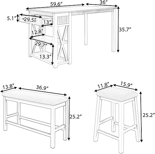 Miniatura 3 de Hlcodca Juego de mesa de comedor de madera de 4 piezas con estantes de almacenamiento y cajón 2 taburetes y banco adecuado para comedor cocina sala