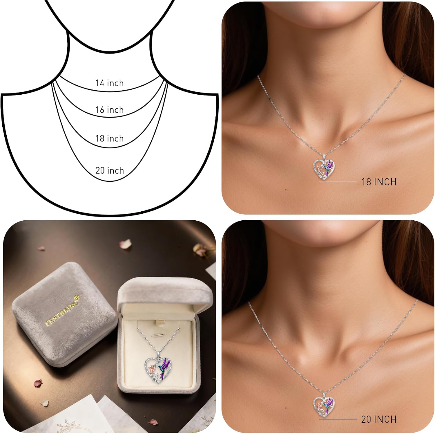 Fenthring Hummingbird Necklace for Women S925 Sterling Silver Flower Purple Blue Hummingbirds Heart Pendant Jewelry Memorial Mothers Day Christmas Gifts