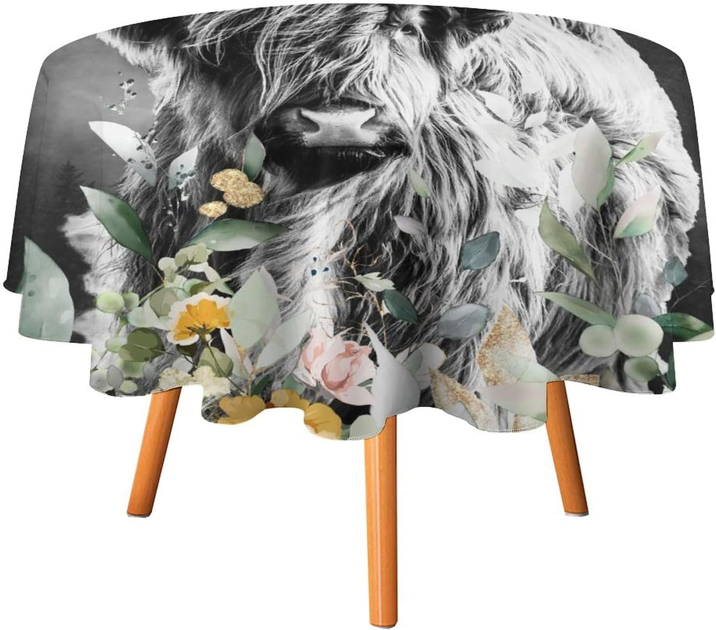 Rustic Highland Cow Table Cloths Round 50Inch Tablecloths,Vintage Farmhouse Misty Forest Sunflower Eucalyptus Tablecloths Washable for Indoor Outdoor Table Cover