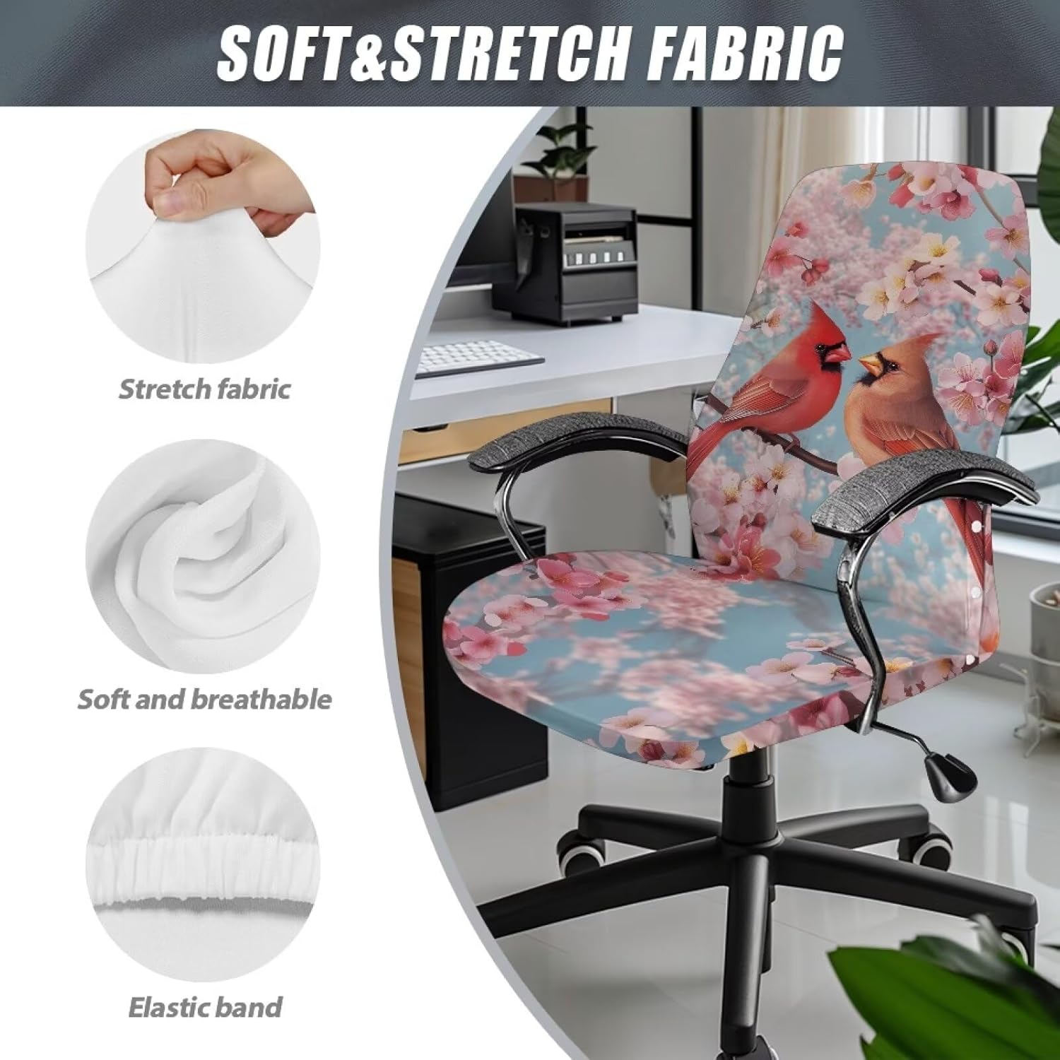 Stretchy Cover for Office Chair Seat Comfy Easy to Install High Back Chair Slipcover Non-Slip Scratch Resistant Desk Chair Seat Protector, Cardinal Peach Blossom Pink Blue, L
