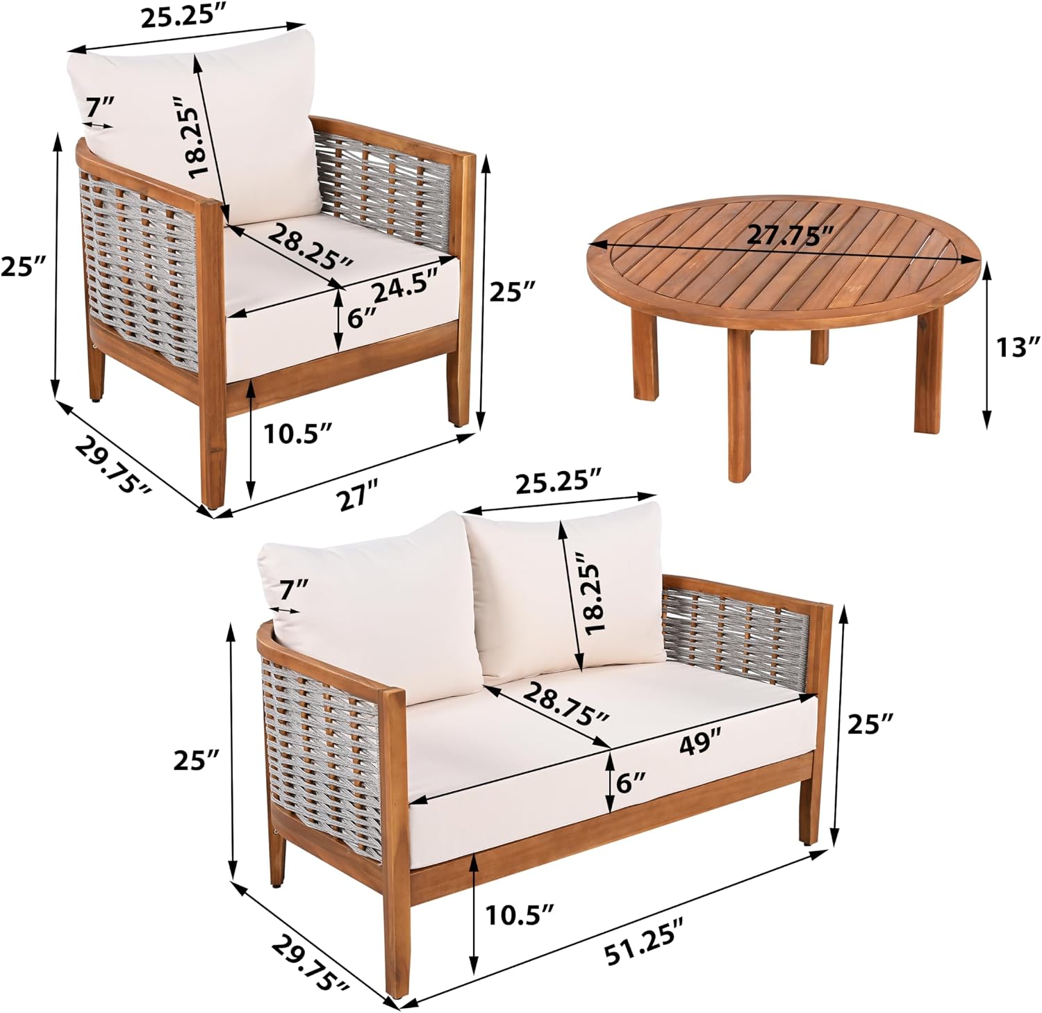 MERITLINE 4-Piece Patio Furniture Set, Outdoor Patio Set with 2 Rattan Chairs, 1 Loveseat & 1 Wood Coffee Table, with Washable Soft Cushions, Patio Conversation Set for Porch, Balcony, Lawn,Beige