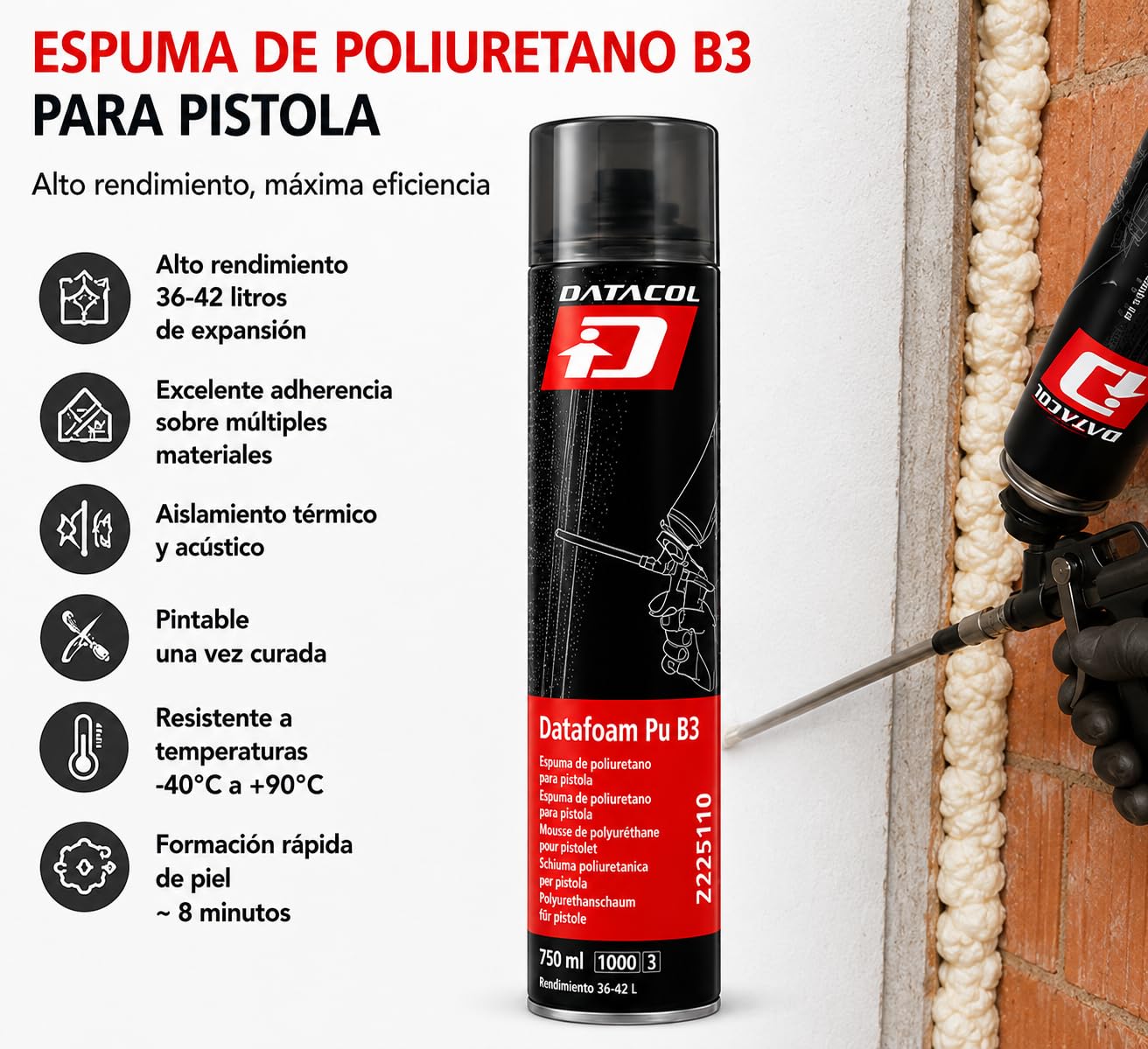 Espuma de Poliuretano B3 para Pistola 750 ml Datacol Z225110– Pack 6 Aerosoles Aislantes y Selladores Profesionales – Alto Rendimiento 36-42L