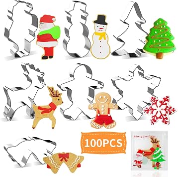 Christmas Cookie Cutter, Joyoldelf 7 Piece Christmas Cutters Stainless Steel Gingerbread Boy, Christmas Tree, Snowflake, Reindeer, Snowman, Santa Claus, Bell for Kids, 100 Pack Free Candy Bag