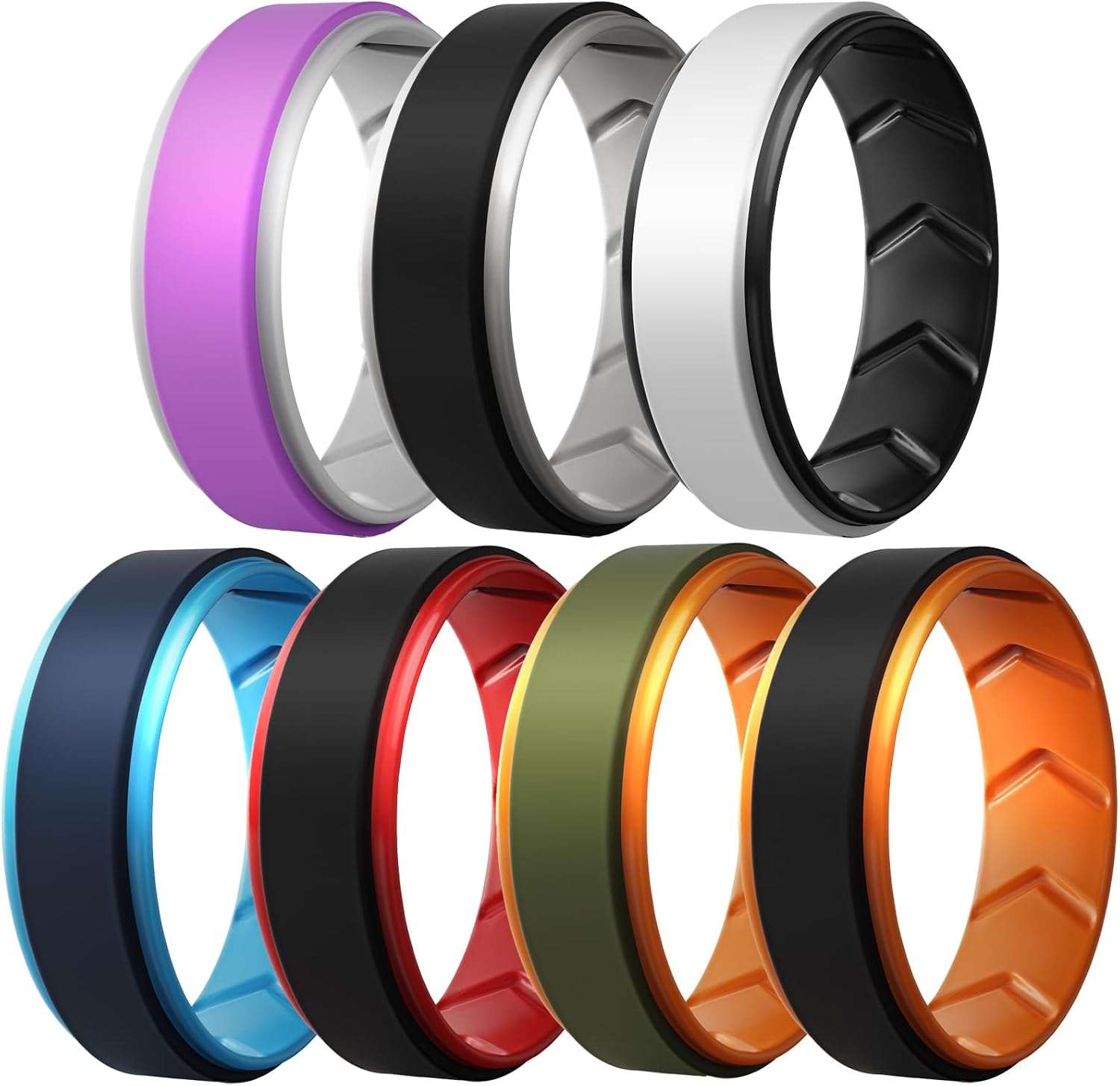 Silicone Wedding Rings for Men 1/4/5/6/7 Multipack of Breathable Airflow Inner Grooves,Step Edge Sleek Design Rubber Engagement Bands 8.5mm Wide 2mm Thick