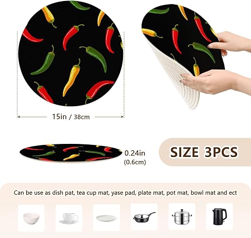 Miniatura 2 de 3 Pcs Large Trivet Mat Mexican Red Green Yellow Chili for Hot Dishes 15in Cotton Thread Weave Heat Resistant Pot Holders for Teapot Kitchen Pot