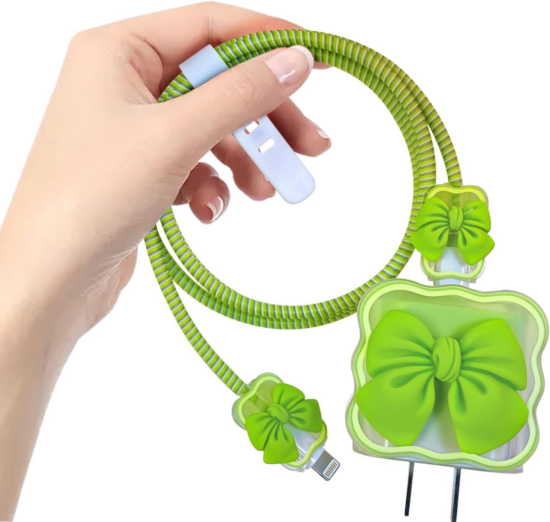 STRAPYSTRAPY 360 Full Protection for iPhone Charger with Lovely Design 3D Love Heart/Bow, Data Cable Bite USB Wire Saver Protector Fit for Apple 11 12 13 14 Pro Max Charger (Bow Shape, Green)