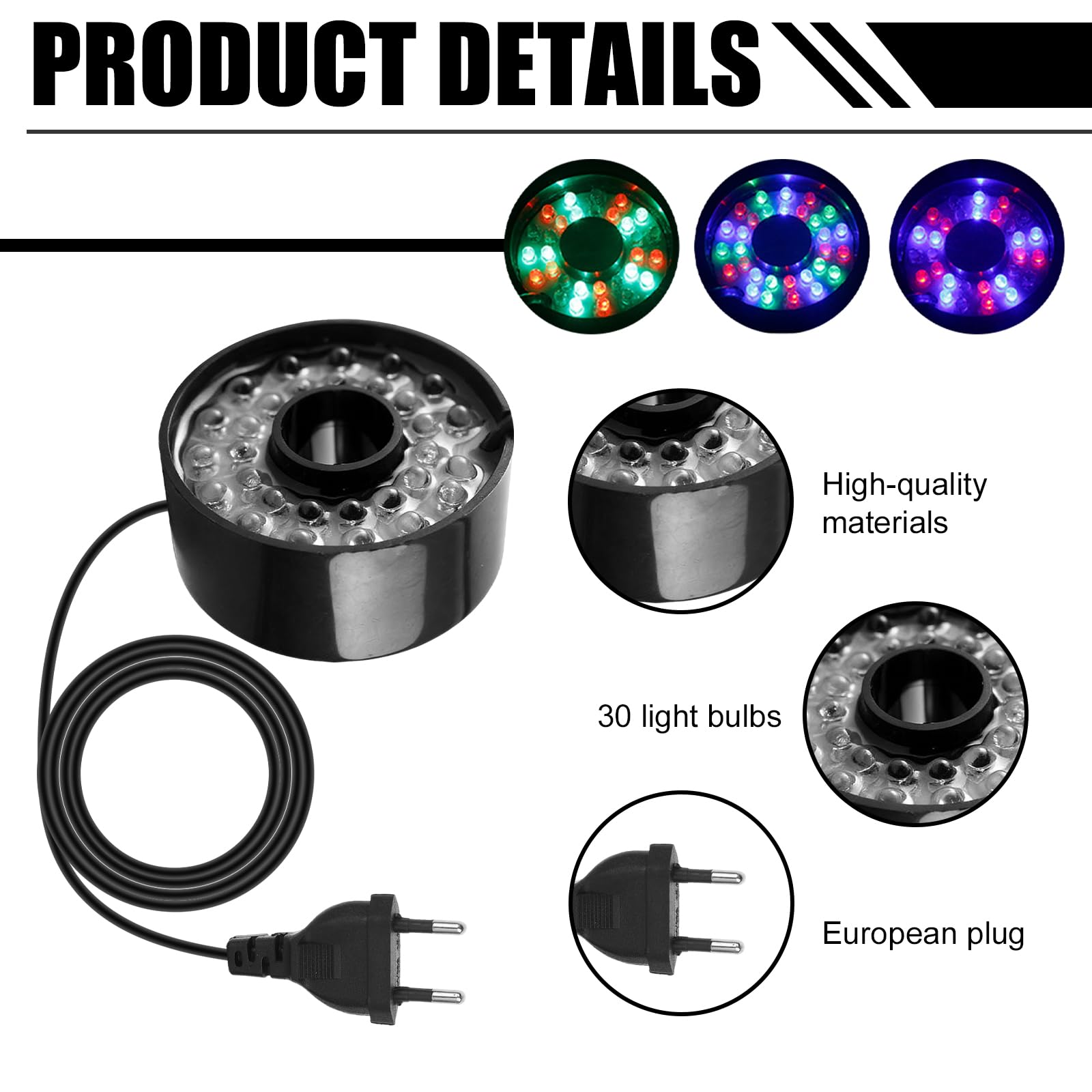 Luces Per Fontanas Ad Anello A LED,30W 220V 7 Colores Luce Per Fontana A LED Ad Anello,Luce Subacquea Per Fontana Per Fontane Da Giardino O Giochi D'acqua,Impermeabile IP68,Lunghezza Del Cavo 2,9M