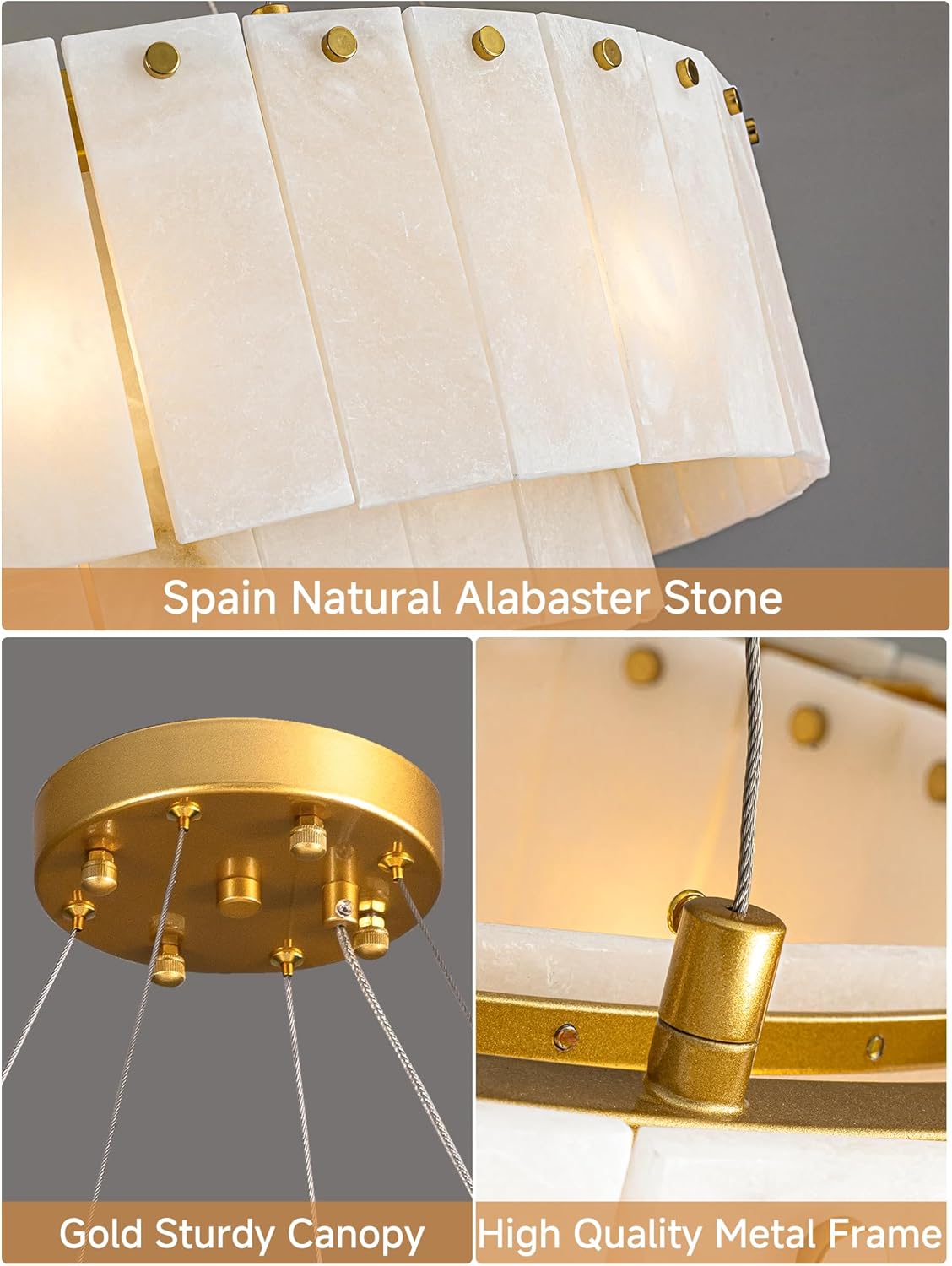Alabaster Chandelier Round,Modern Drum Chandeliers,Spanish Marble Pendant Light Fixture for Living Room,Dining Room,Bedroom,Foyer,Kitchen Island,D24 inchs,8-Lights G9