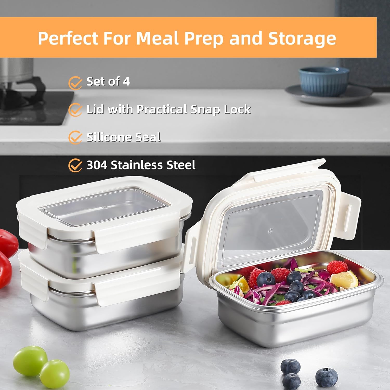 BEFOY Stainless Steel Snack Food Storage Container with Lids 4PCS 22.8OZ Leak Proof & Airtight Bento Box Lunch Container for Kitchen Meal Prep freezer Rectangular,Reusable & Stackable(white) - Image 3