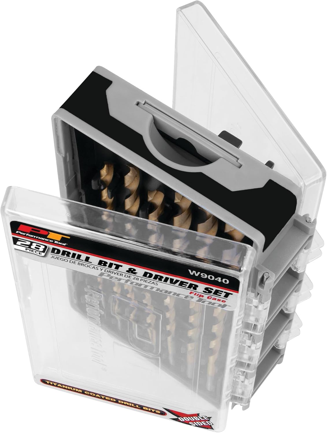 Performance Tool W9040 28pc 1/4-Inch Titanium Coated Drill Bit and Driver Set with Socket Adapters, Flip Case and Hanger Tab