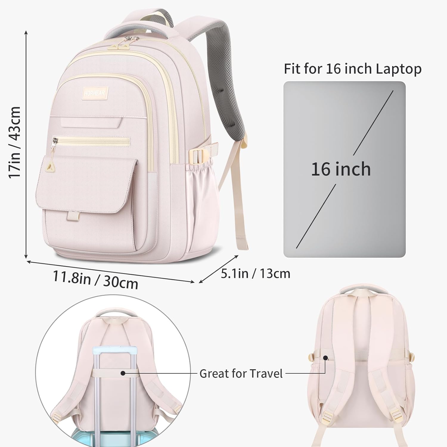 School backpack for Girls, Aesthetic Backpack for Women Cute Bookbag Preppy College (Beige) - Image 2