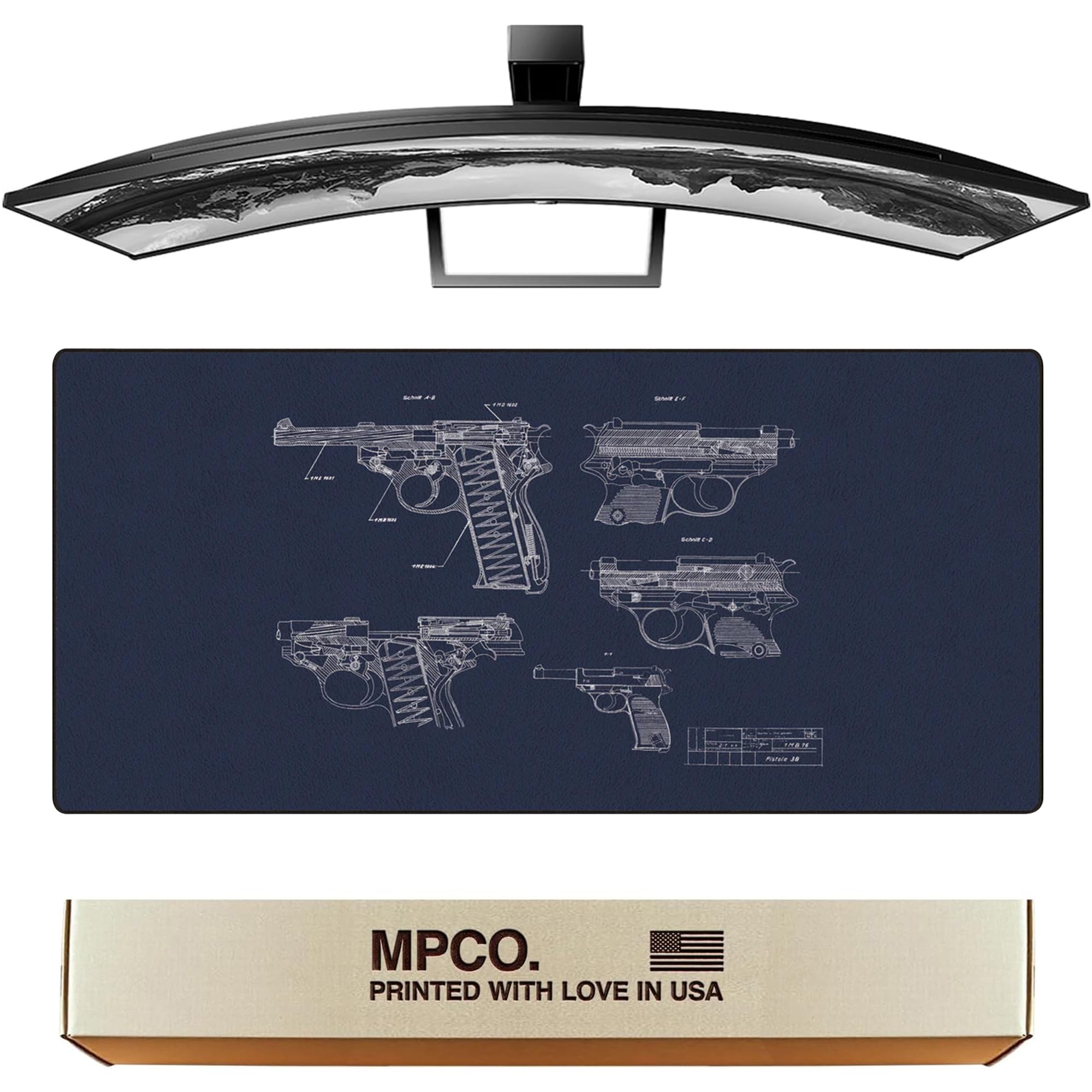 MPCO. Tappetino per scrivania da gioco originale – 91,4 x 43,2 cm Duraglyde Blueprints Pistol 38 – Tappetino per mouse da scrivania blu per una precisione fluida – Tappetino per mouse antiscivolo