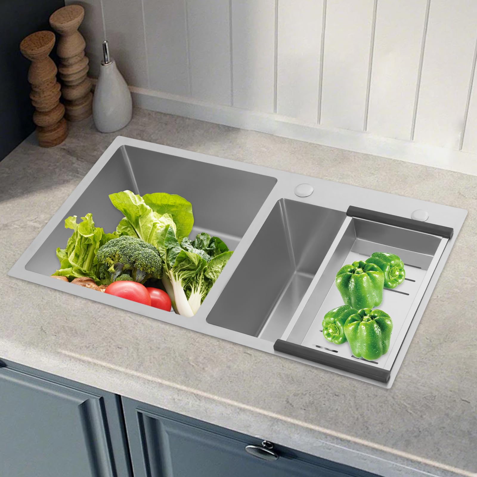 Fregadero de cocina empotrado cuadrado de 2 senos con juego de superficies de drenaje, fregadero de drenaje 78 x 43 x 21 cm, cubeta plateada