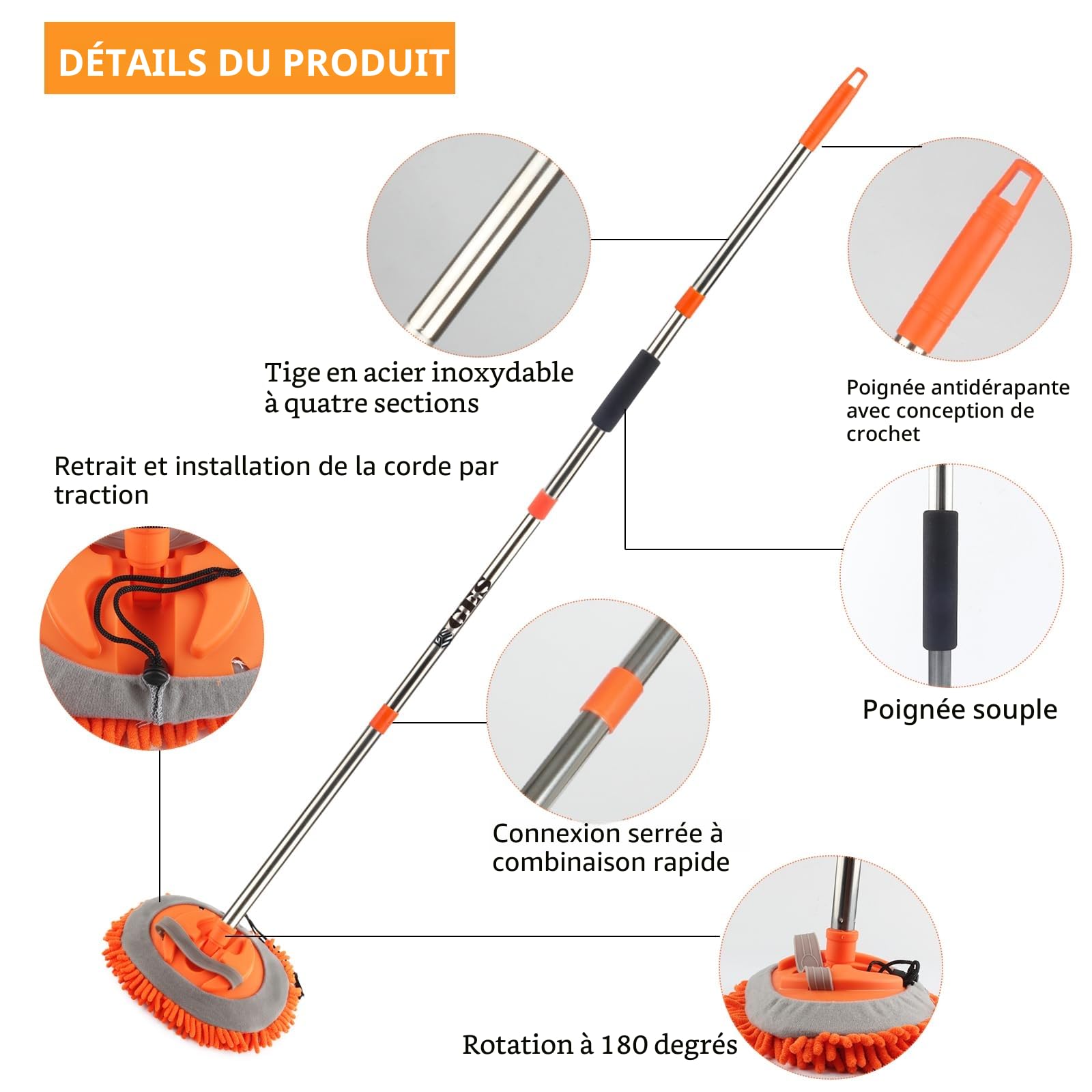 GES Balai de Lavage de Voiture avec Long Manche, Brosse de Lavage de Voiture de 157,5 cm avec poignée télescopique, kit de Nettoyage 2 en 1 Chenille en Microfibre Chenille avec Sac de Rangement pour