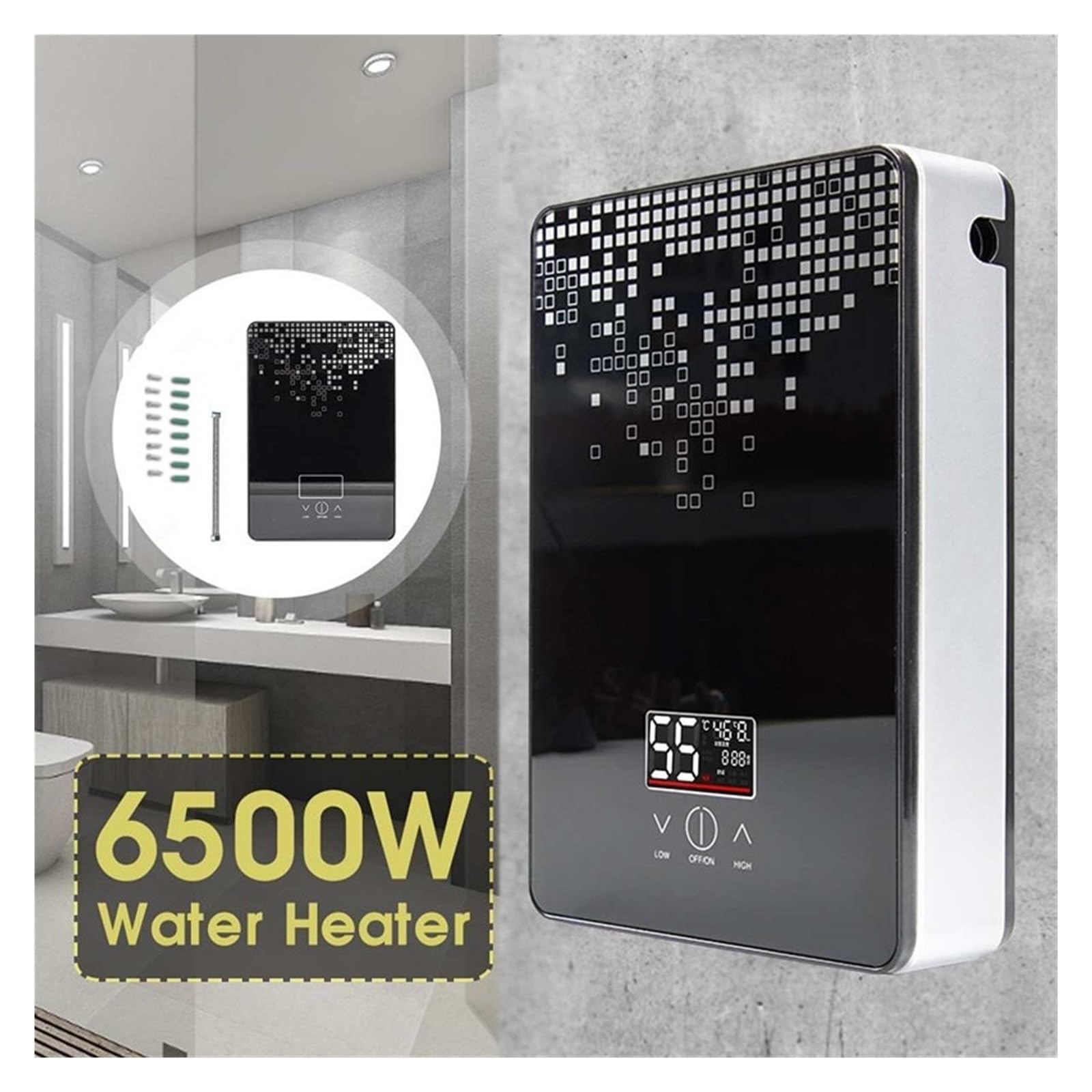 Podgrzewacz wody elektryczny, 6500W Wydajny Bezszczelinowy Kocioł Natychmiastowy Łazienka Bezszczelinowy Termostat Prysznicowy Bezpieczeństwo Inteligentny Elektryczny Podgrzewacz Wody(Nero)