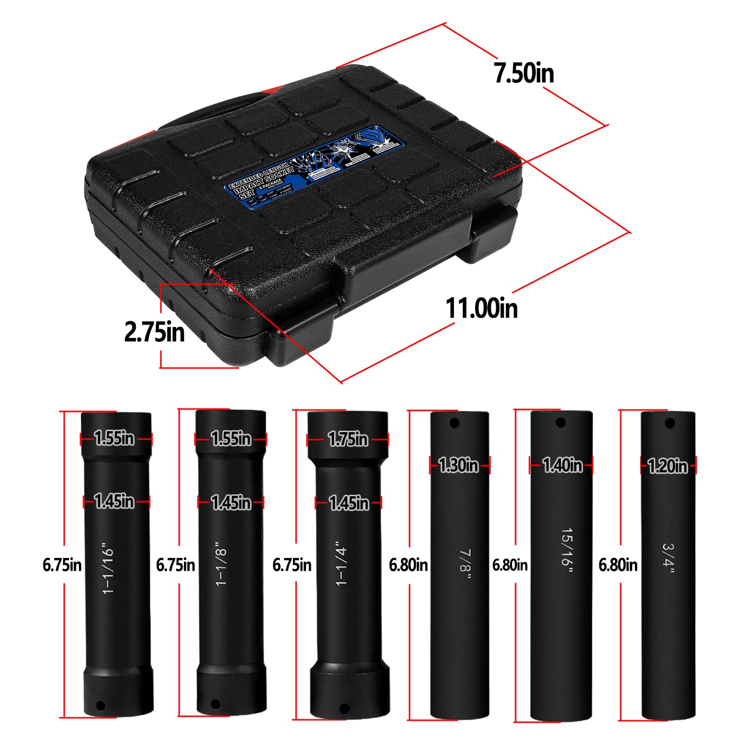 Juego de llaves de impacto de longitud extendida con funda resistente, incluye enchufes de 3/10.2 cm, 7/20.3 cm, 15/40.6 cm, 1-1/40.6 cm, 1-1/20.3 cm y 1-1/10.2 cm