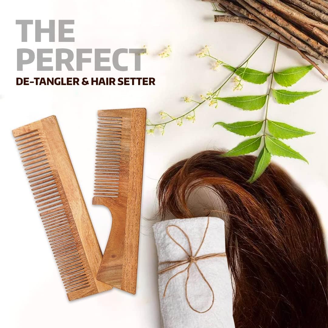 Kacchi Neem Wooden Comb (Fine & Wide Tooth), Dual Tooth Design, 100% Pure Neem Wood, No Handle, For Men & Women, Ideal for Detangling, Frizz Control & Shine, Suited for All Hair Types