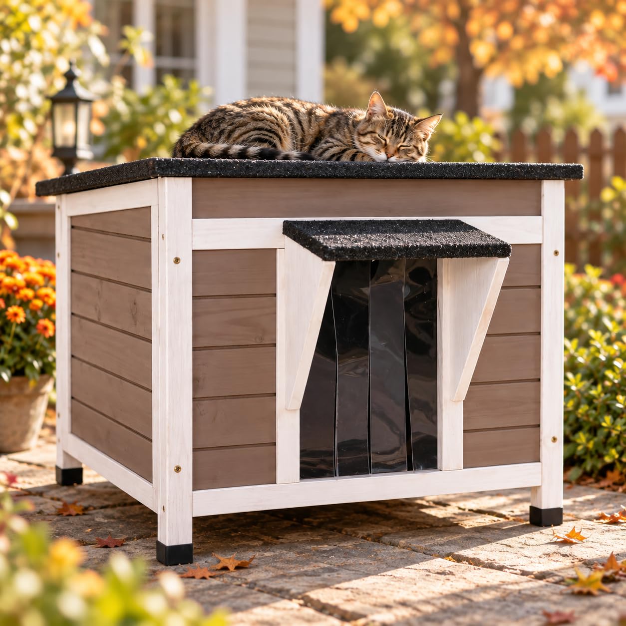 Outdoor Cat House Weatherproof Heated, 6-Side Insulated Cat Shelter, Brown