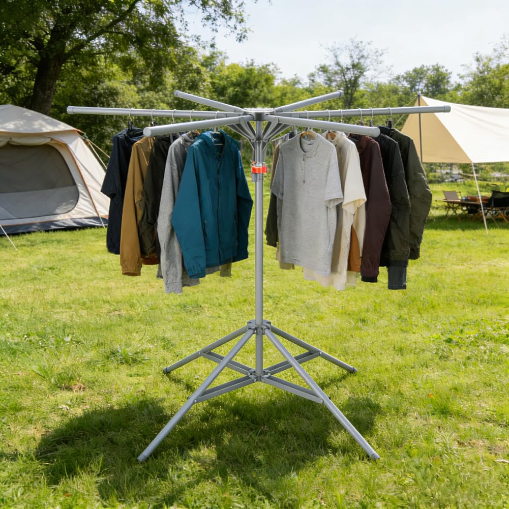 Tendedero de Ropa 6 Brazos Extensible y Plegable, Base Triangular Antideslizante, Altura Ajustable 120-170 cm para Interior y Exterior, Secadora Compacta de Viaje