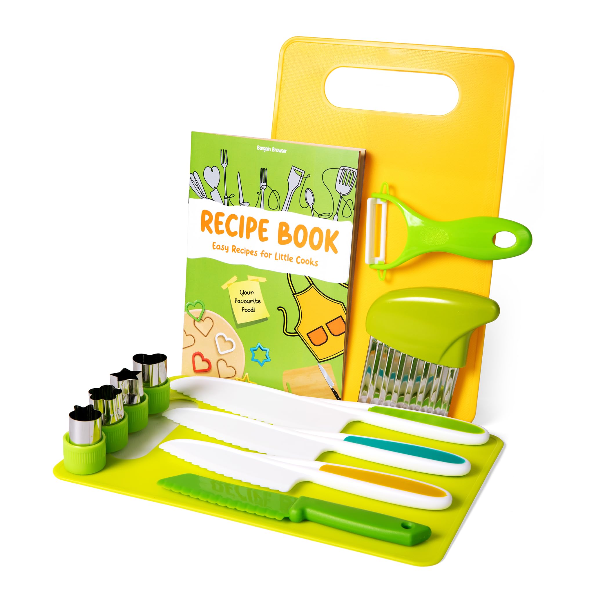 Bargain Browser 13 PCS Kids Knife Set for Chopping & Free Recipe Book (Banana Penguin, Watermelon Fries, Puff Pizza), Kids Safe Knives with Crinkle Cutter/Chopping Board/Cookie Cutter, Kids Toys