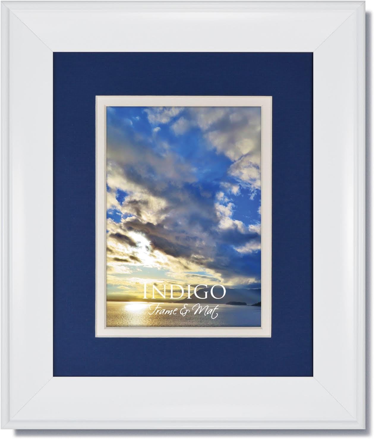 Metro White One 11x14 Picture Frame with Clear Glass and Double Nautica Blue/White Mat for 8.5x11 Image