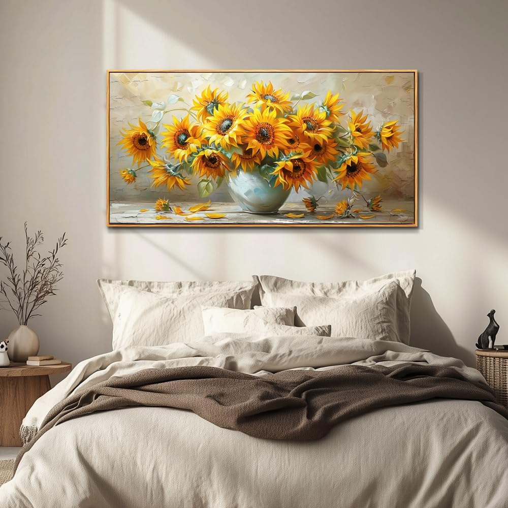 PHAOHUAXM Large Canvas Wall Art For Living Room Wall Decor Vintage Printing Yellow Flower Paintings Dining Room Bedroom Bathroom Kitchen Wall Painting Home Decor Wood Frame Ready To Hang 20x40 In