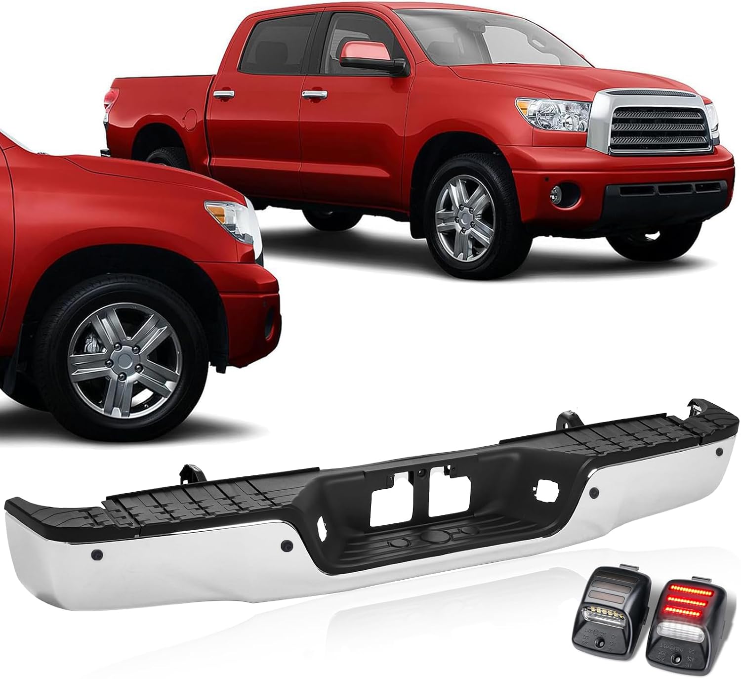 Steel Rear Bumper Compatible with 2007-2013 Toyota Tundra, Chrome Rear Step Bumper Assembly W/or W/O Parking Aid Holes, with LED Licence Plate Lights, Also Fit WITH TOW HOOK