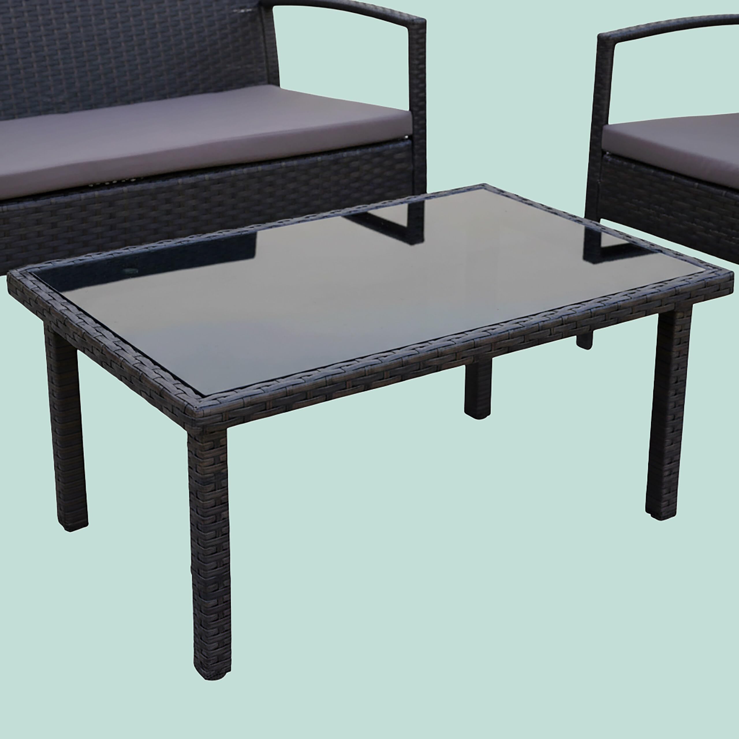 Relaxdays Ensemble Jardin 4 pcs, rotin synthétique, Noir, Banquette 2 Places, 2 chaises, Table Verre, 4 pers.
