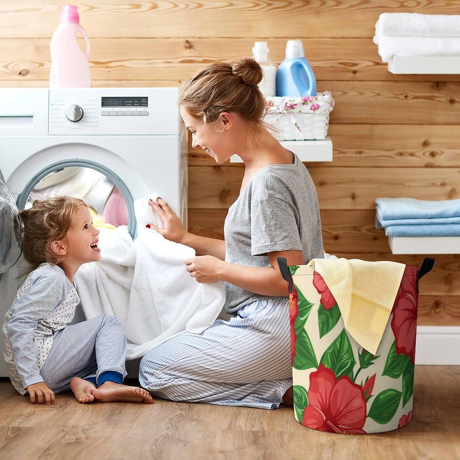 Hibiscus Floral Print Laundry Basket Dirty Clothes Hamper Storage Laundry Bag with Handles for Dorm Room 44x44cm