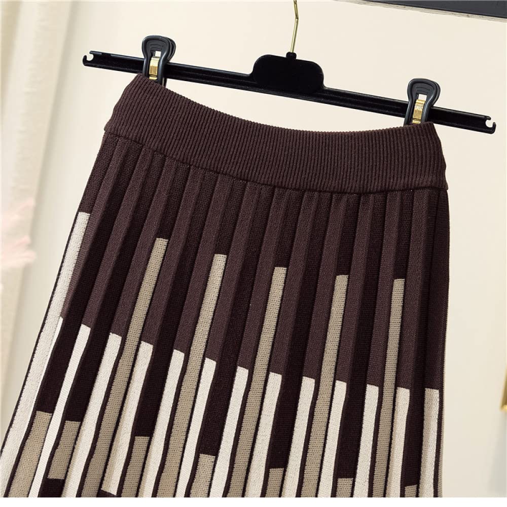 Faldas De Invierno para Mujer, Falda De Punto A Rayas Faldas Plisadas De Café para Mujer Cintura Elástica Midi Elegante Falda De Talle Alto De Una Línea Falda D