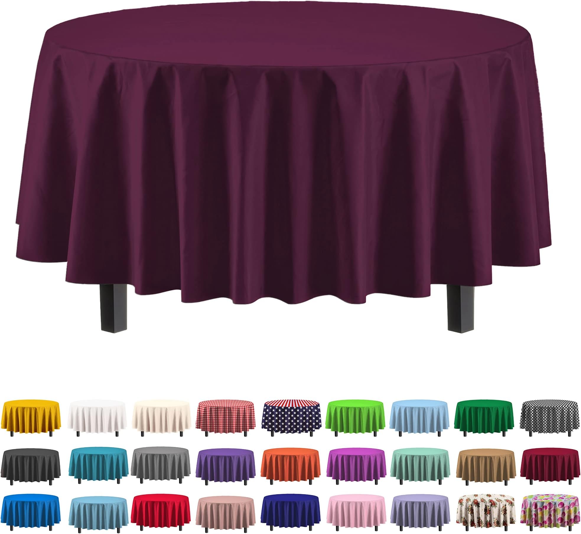 Exquisite 12-Pack Premium Plastic Tablecloth 84in. Round Table Cover - Plum
