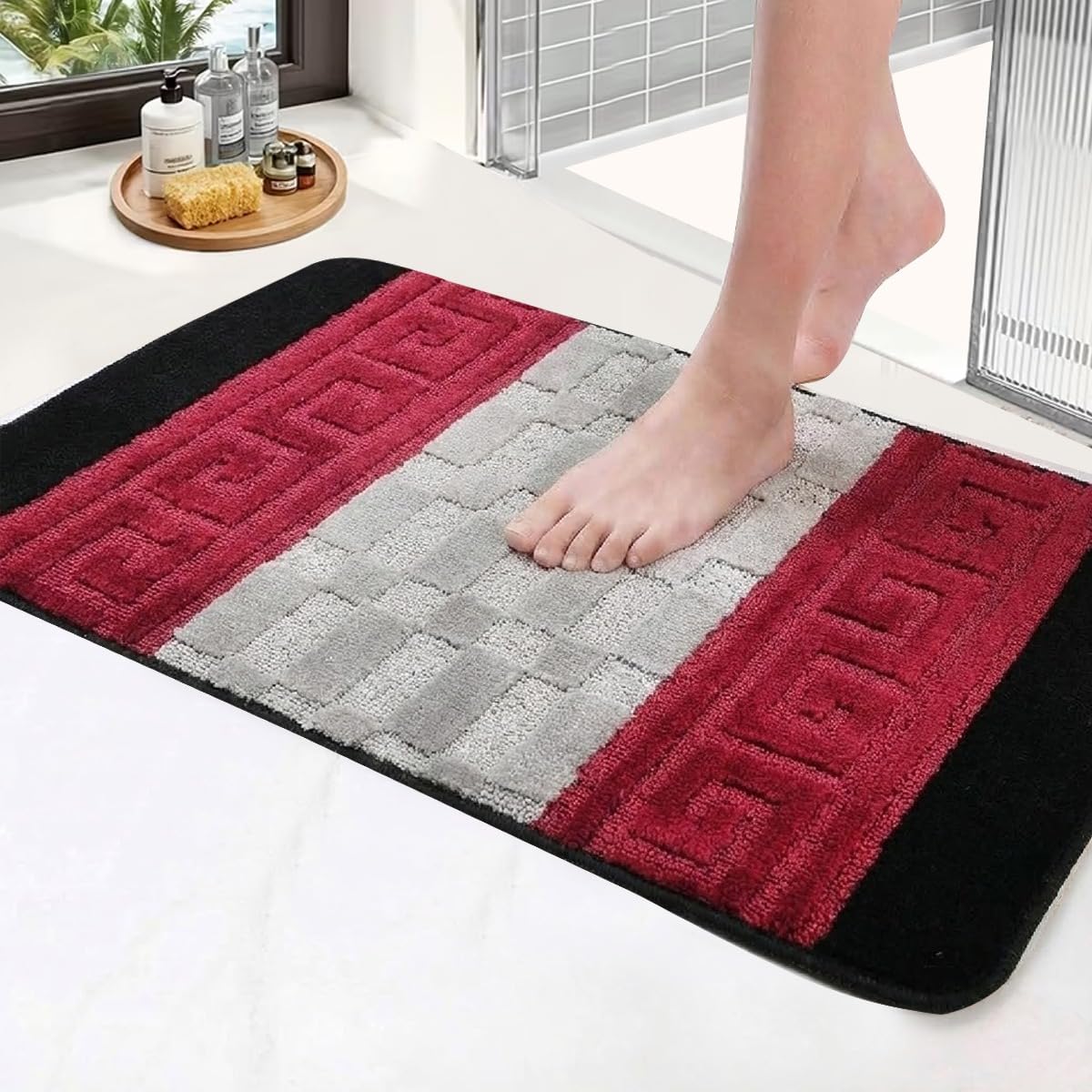 PHP Non Slip Indoor Door Mat, Heavy Duty 40 x 60 cm Waterproof Gel Back Welcome Front Door Mat, Floor Mats for Home, Kitchen and Bedroom Decor -Black Red