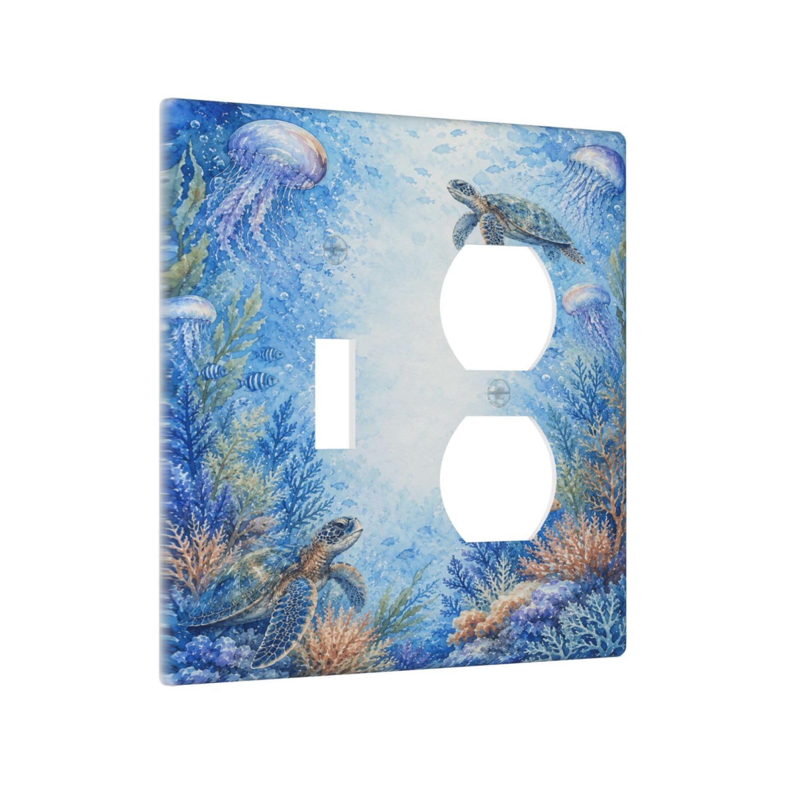 Yamxbfa Decorative Outlet Covers Blue Underwater Sea Turtle Pastel Jellyfish Coral 2 Gang Light Switch Cover Plate Single Toggle Duplex Wall Plates Switch Plate Covers for Bathroom Decor