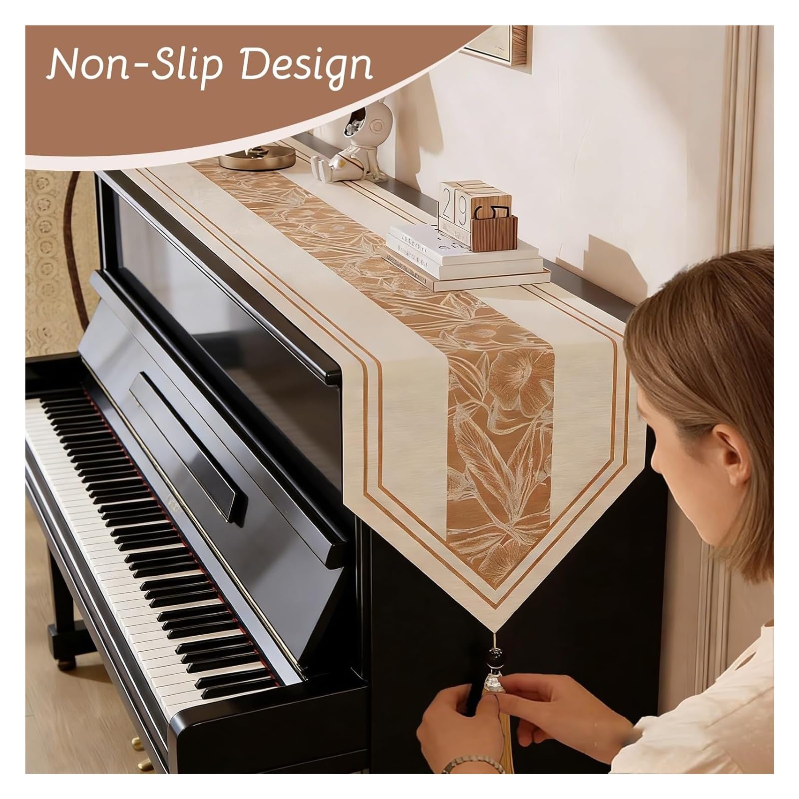 Aufrechter Klavierauflage-Läufer – 12 Zoll rutschfeste, staubdichte Samt-Satin-Matte for Klaviere, Schreibtische und Kommoden(Style-e,30x280cm/11.8x110.2in)