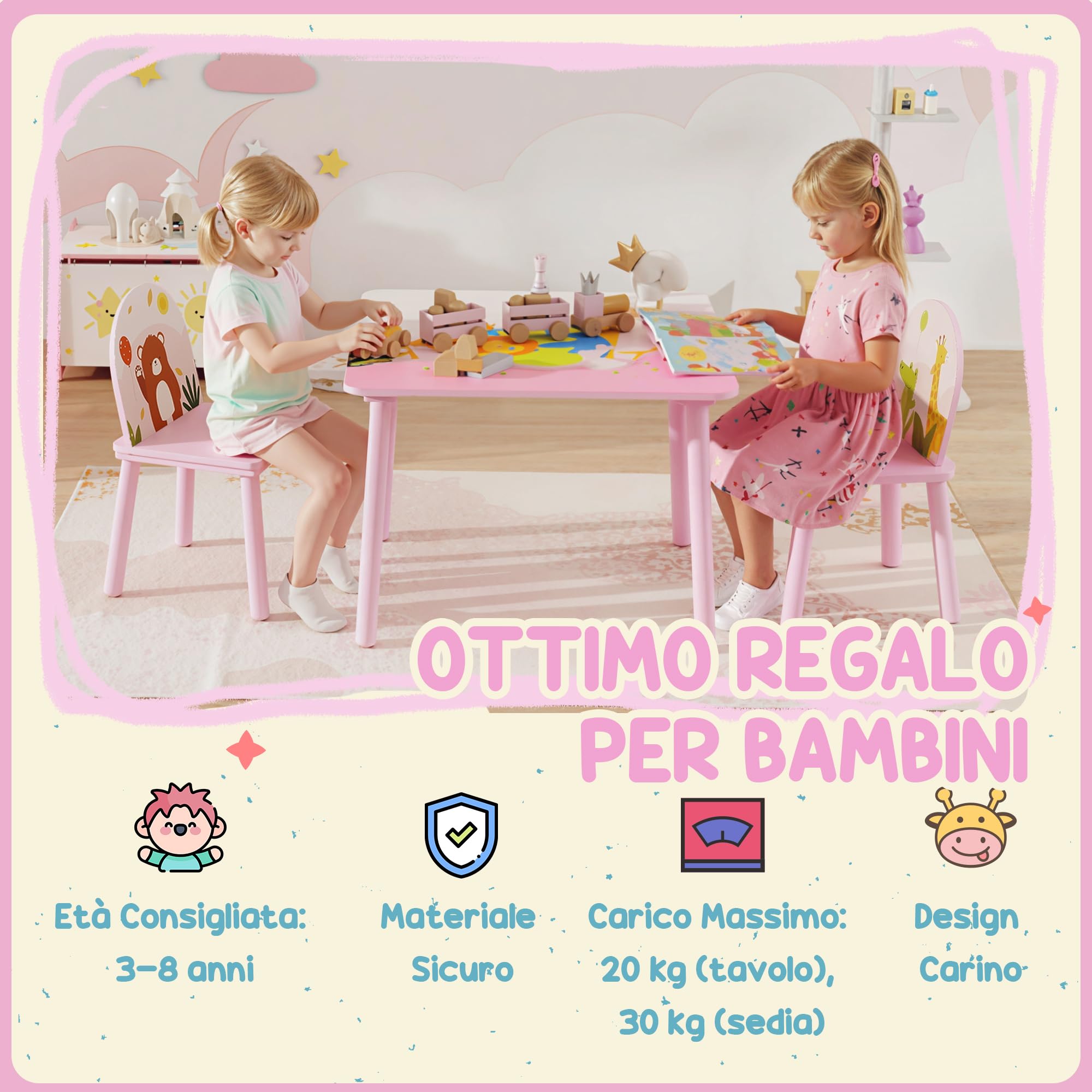 AIYAPLAY Set Tavolo e Sedie per Bambini 3-8 Anni Motivi Animali Rosa | Bordi Arrotondati, Sedie e Tavolino per Bambini, in MDF e Legno di Pino
