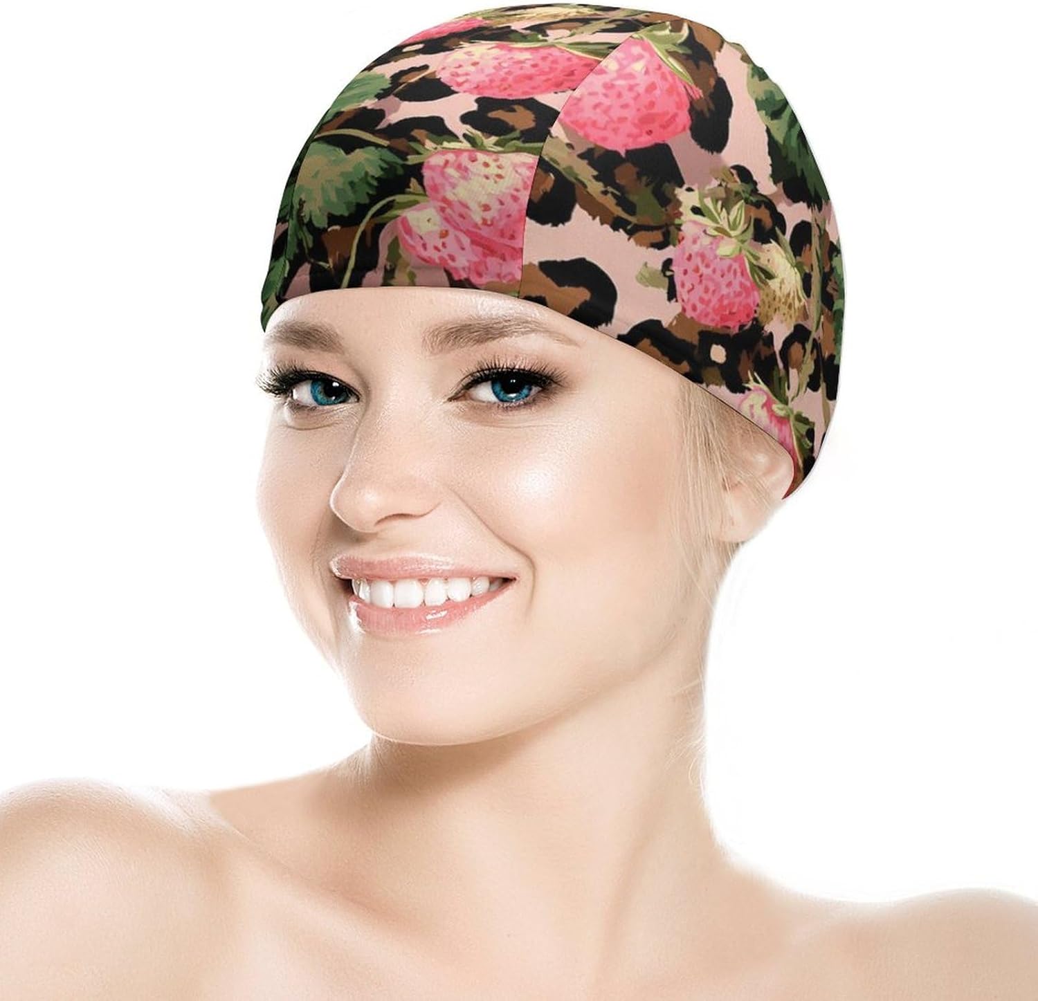 Leopard Print Strawberries Leaves Womens Swim Cap for Men Adult Swimming Hat Curly Short Medium Long Hair