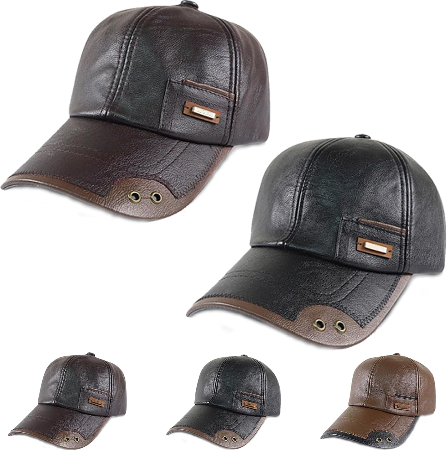 2 Pcs Warm Leather Baseball Cap, 2026 New Windproof Warm Pu Leather Baseball Cap, Adjustable Cap for Men Outdoor Daily