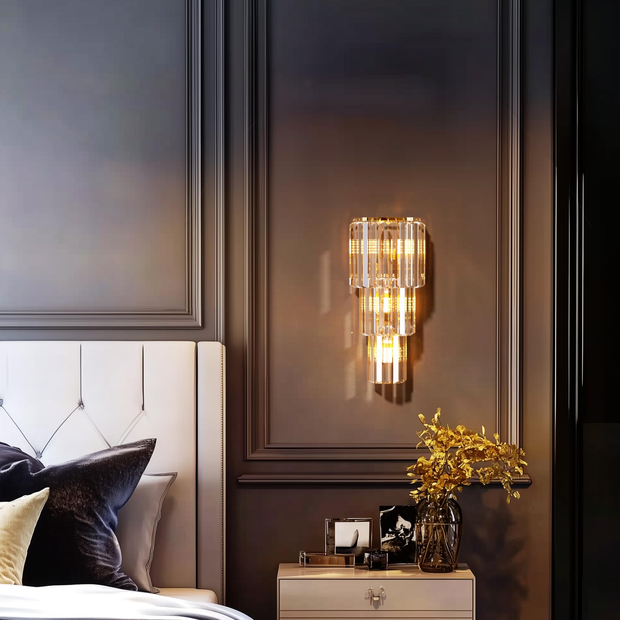 Lampada da Parete Interno applique parete interno Moderna di Lusso in Cristallo - Colore della Luce Regolabile a 3 Livelli, Dimensioni 50x19x12cm, 14W Oro E14x3 Led