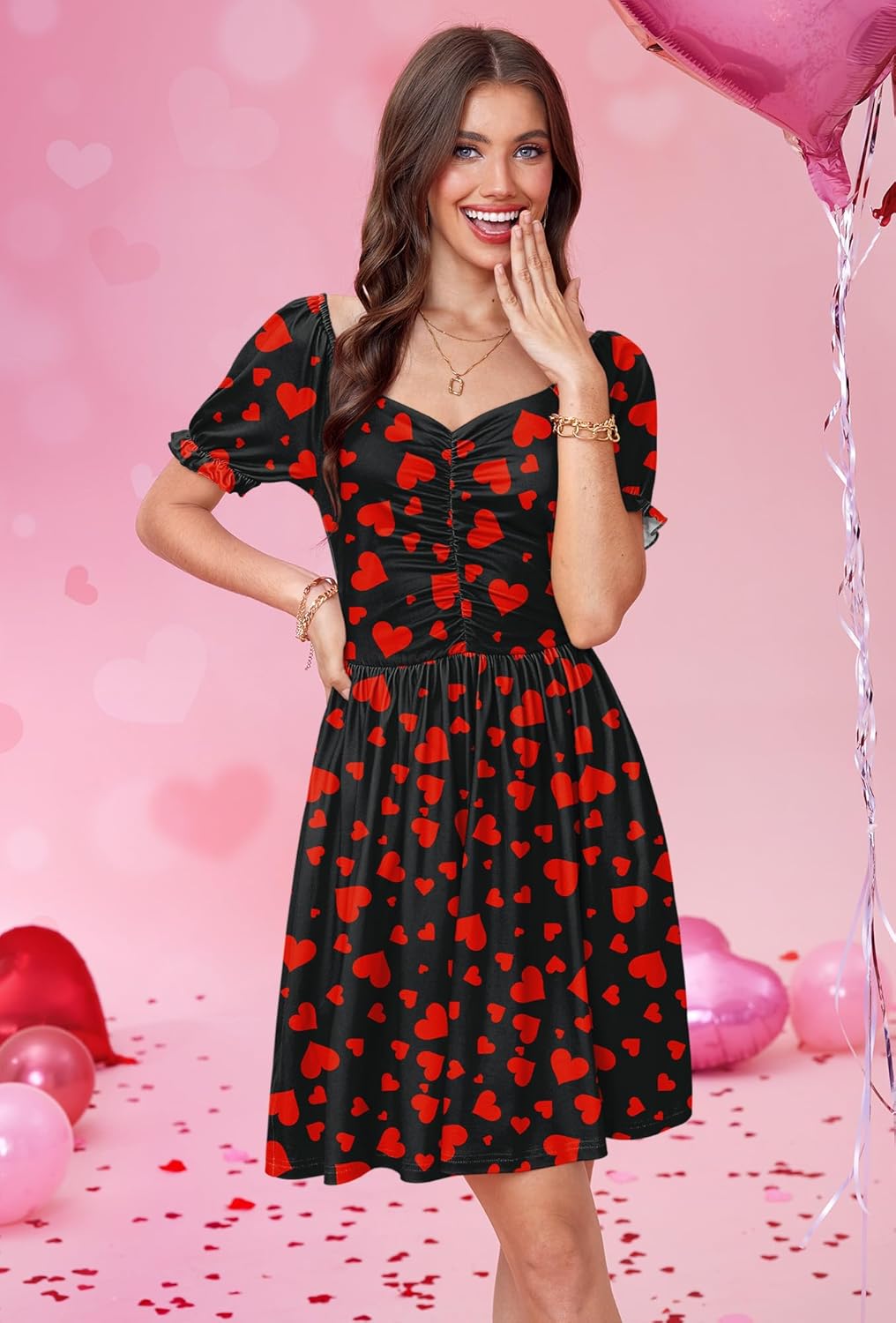 For G and PL Women's Mardi Gras Carnival Valentine Dress Ruched Puff Sleeve Sweetheart Neckline Swing Heart Print Dress - Image 2